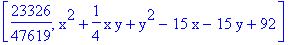 [23326/47619, x^2+1/4*x*y+y^2-15*x-15*y+92]